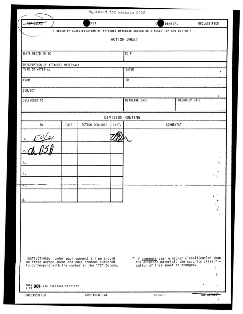 A February, 1965 CIA memorandum for the Assistant Director of Special Activities regarding a reported unidentified flyin