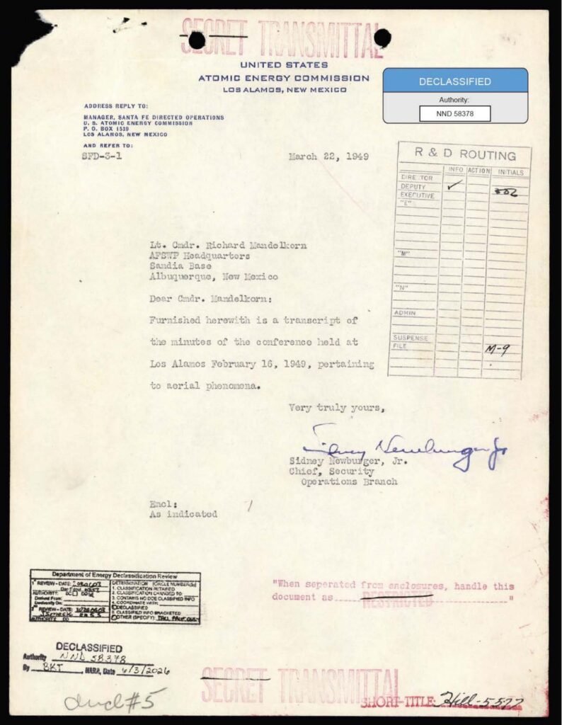 A declassified secret transmittal letter from the United States Atomic Energy Commission, dated March 22, 1949, regardin