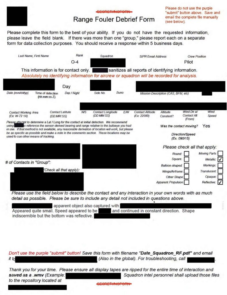A Range Fouler Debrief, a standardized reporting form the U.S. Navy uses to record the circumstances surrounding an unau