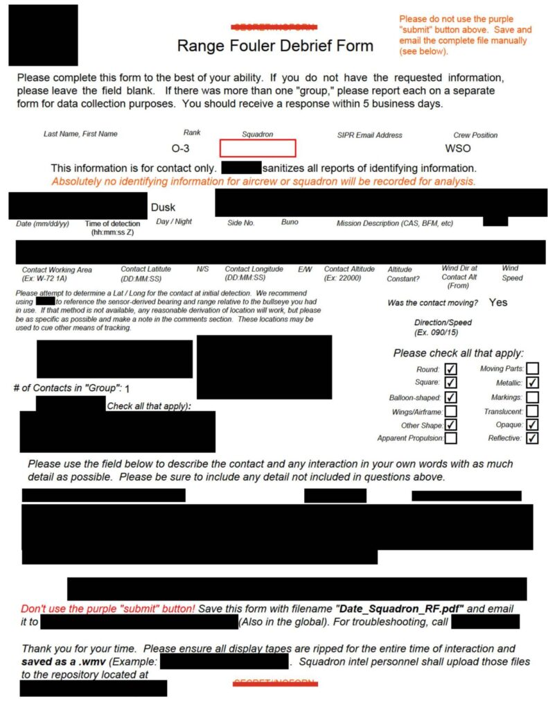 A Range Fouler Debrief, a standardized reporting form the U.S. Navy uses to record the circumstances surrounding an unau
