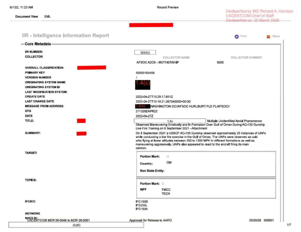 An Intelligence Information Report (IIR) documenting the observations of U.S. military personnel reporting UAP in 2021.