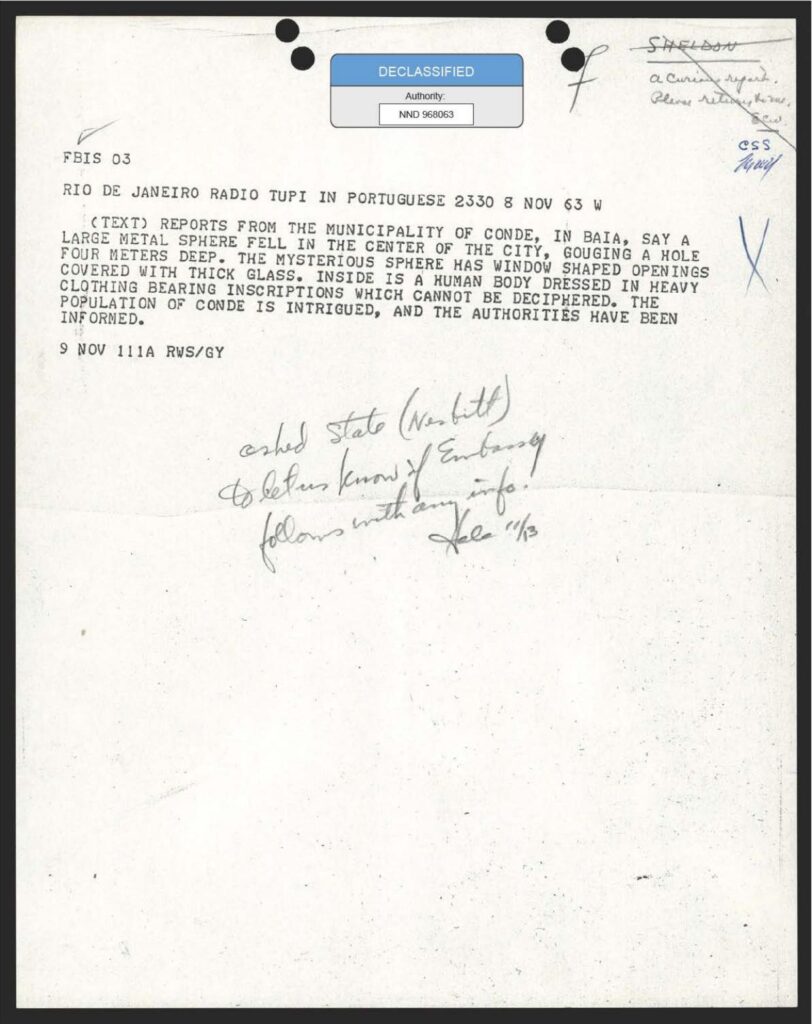 A Central Intelligence Agency Foreign Broadcast Information Service wire report, with handwritten notes.