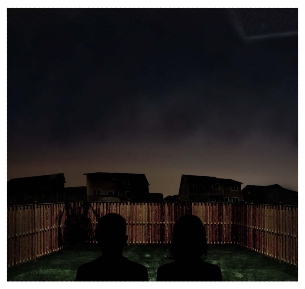 A digital rendering of two figures looking over a fence at a dark object in the night sky.