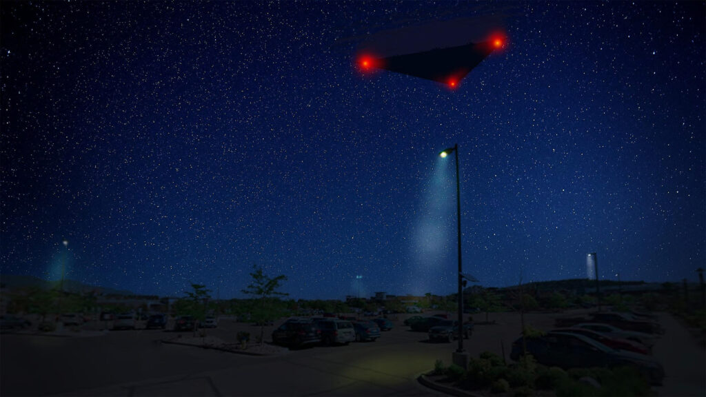 FBI digital rendering of a large triangle with red lights reported in 2023