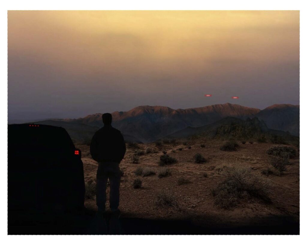 A digital rendering of a person standing next to a vehicle, looking at two red lights in the sky over a mountainous land