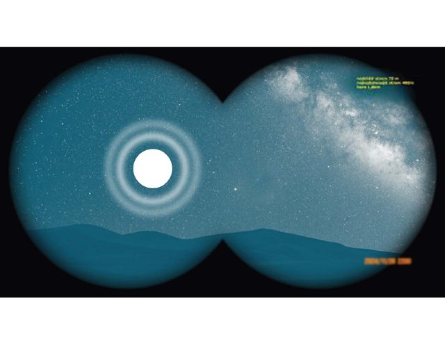 A digital rendering of a night sky with a large, bright object surrounded by concentric circles, viewed through binocula