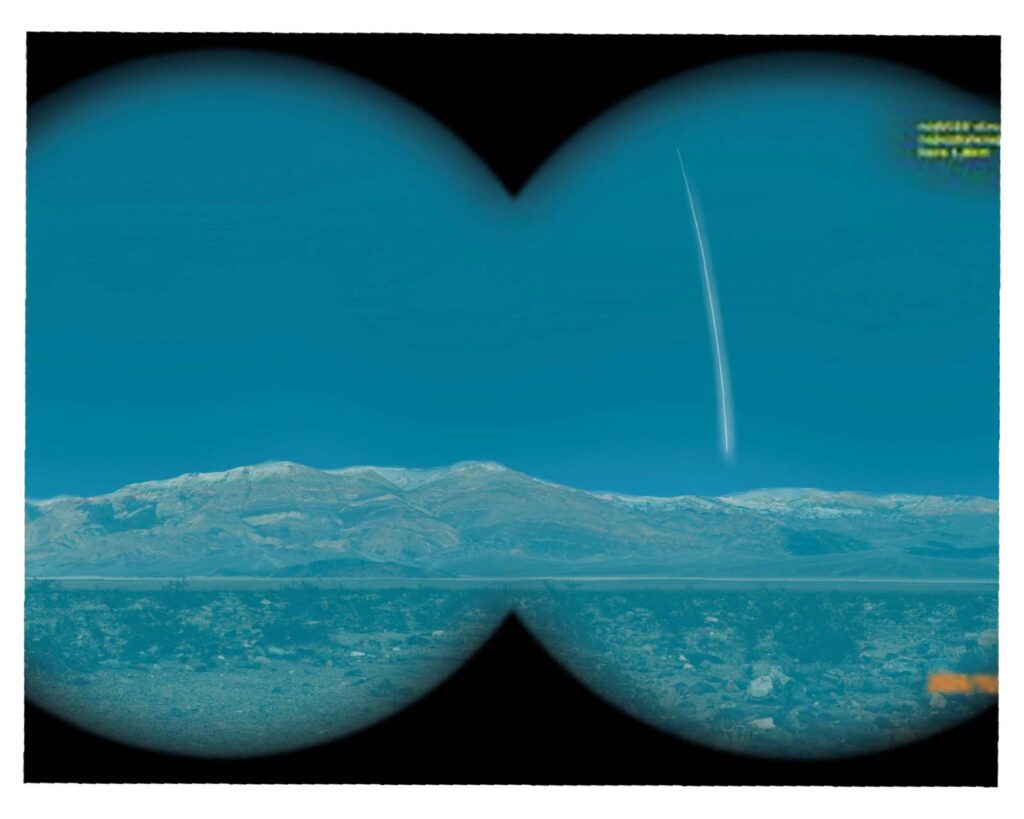 A digital rendering of a light streak in the sky over a mountainous landscape, as viewed through binoculars.