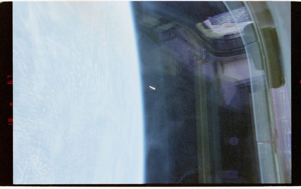 NASA STS-80 photograph of an unidentified object in low-Earth orbit, 1996