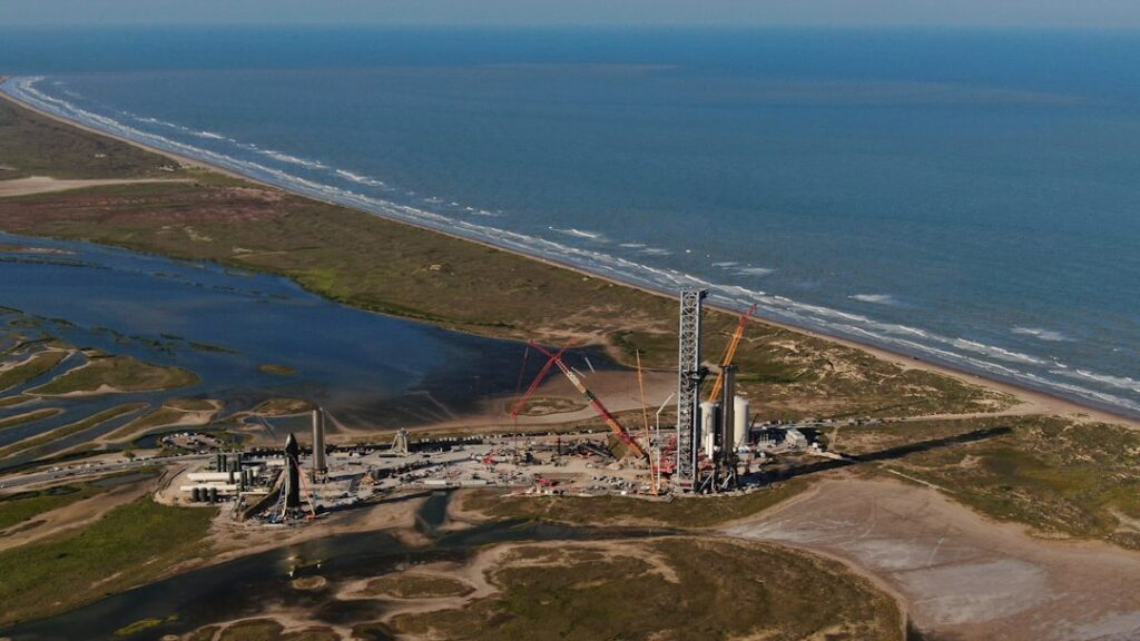 Vandenberg Air Force Base launch pad with a rocket on the stand under a clear California sky