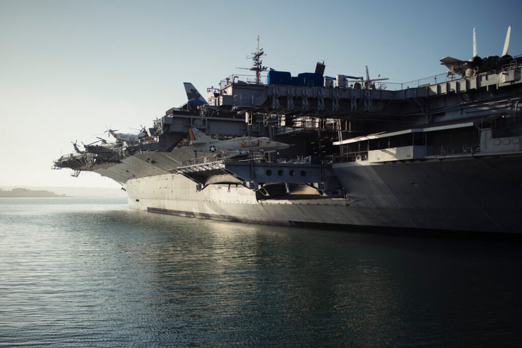 USS Nimitz aircraft carrier underway in the South China Sea with F/A-18 Super Hornets on its flight deck