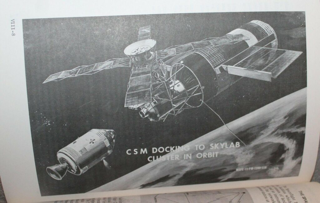 Skylab space station orbiting Earth with crew members observing unexplained lights through a window